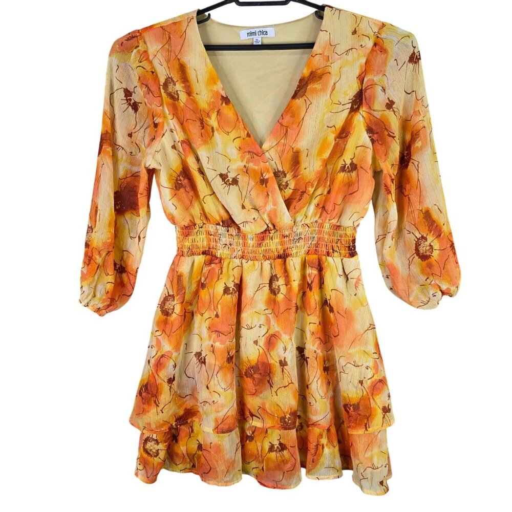 Womens Mimi Chica Orange Floral Babydoll Mini Dress V Neck Long Sleeve Size XL